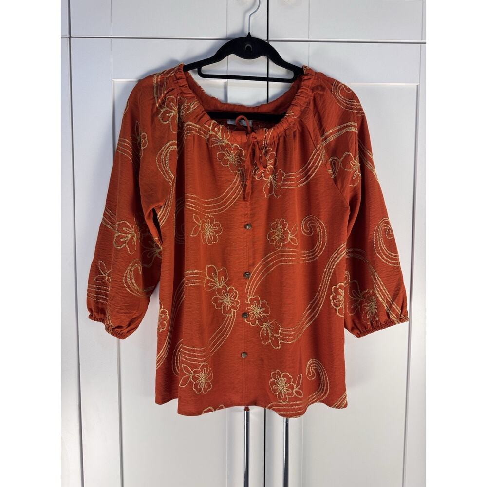 Kindred Anthropologie Boho Embroidered Blouse Floral Peasant Sz M Cottagecore